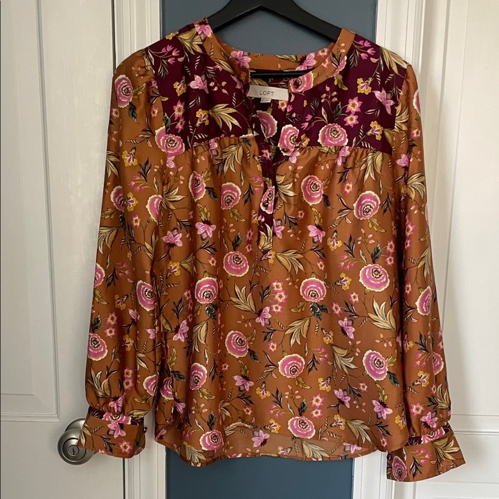 LOFT Floral Boho Blouse Brown‎ Pink – Long Sleeve Lightweight Top S